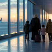 Ilustrim simbolik i një familjeje gjatë riatdhesimit në aeroport