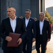 Kryesia e AAK-së me një dosje ligjore para një institucioni publik – ilustrim editorial i krijuar me AI