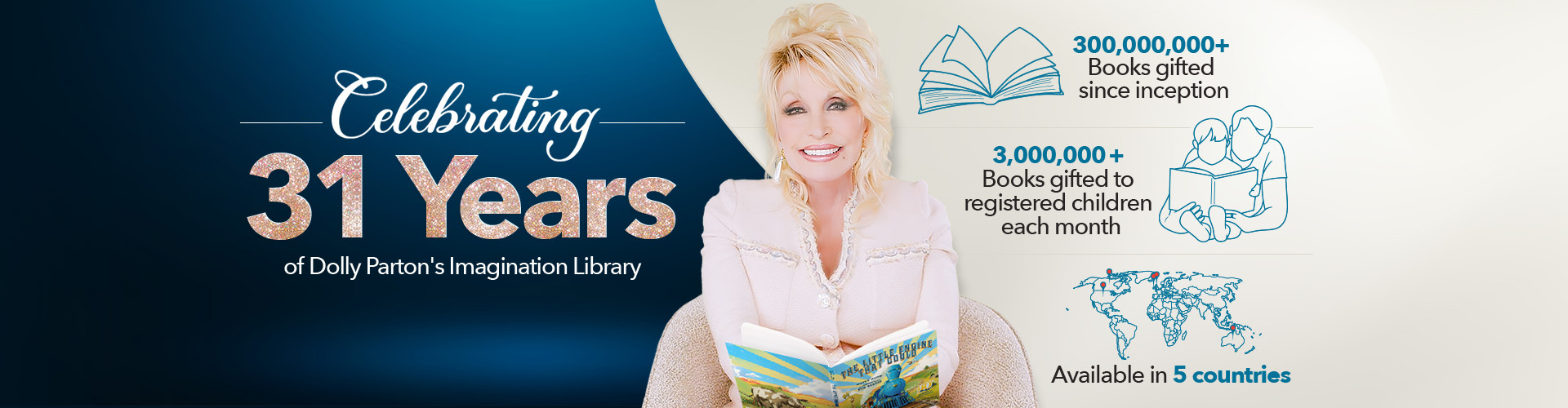 Dolly Parton me një libër të programit Imagination Library