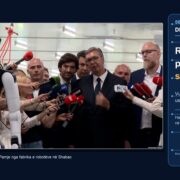 Montazh editorial me Vuçiqin dhe robotin humanoid në fabrikën e Shabacit