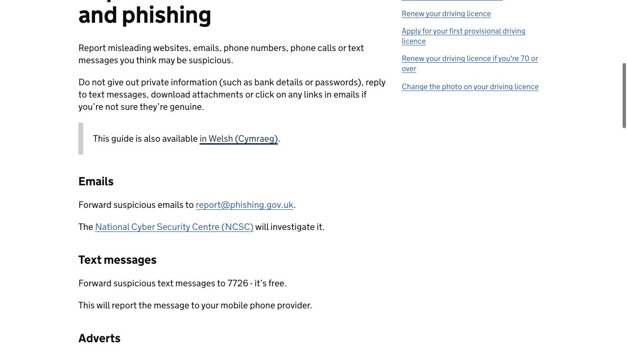 Faqja GOV.UK me adresën report@phishing.gov.uk dhe numrin 7726