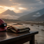 Ilustrim simbolik me helmetë shpëtimi pas përmbytjeve në Nepal