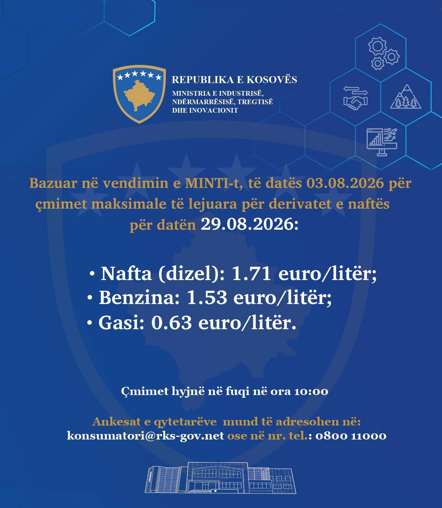 Grafika zyrtare me çmimet maksimale të dizelit, benzinës dhe gazit për 29 gusht 2026