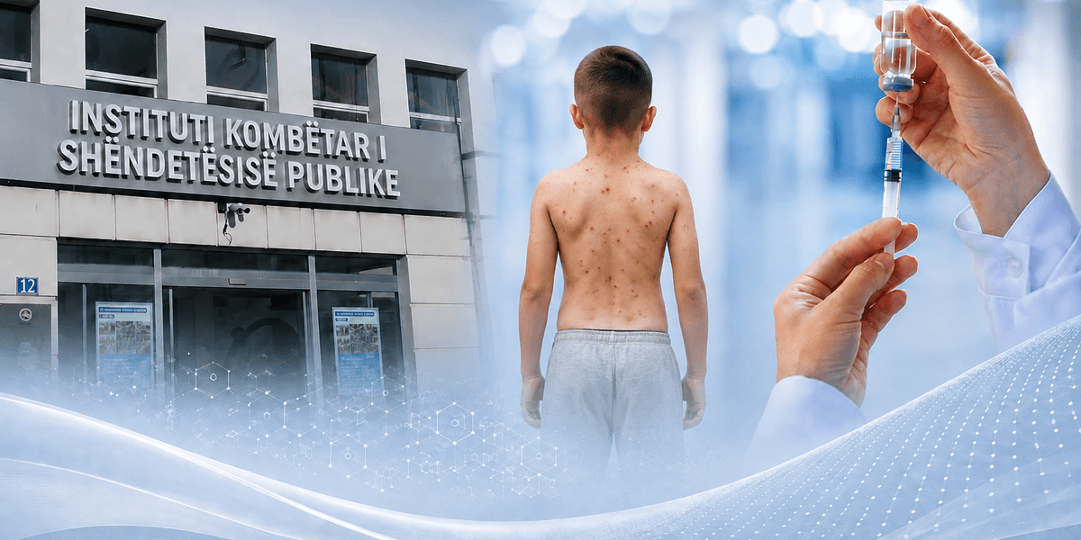 Fëmijë me shenja të fruthit dhe vaksinimi në një kompozim ilustrues