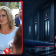 Teuta Haxhiu në fotografinë origjinale, me dizajn editorial për bllokadën institucionale